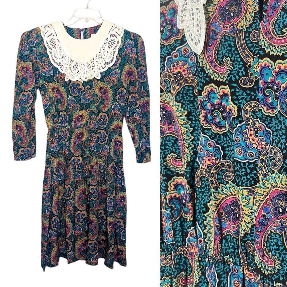 Vintage 1980s Carmel Paisley Dramatic Lace Collar Mini Dress 14